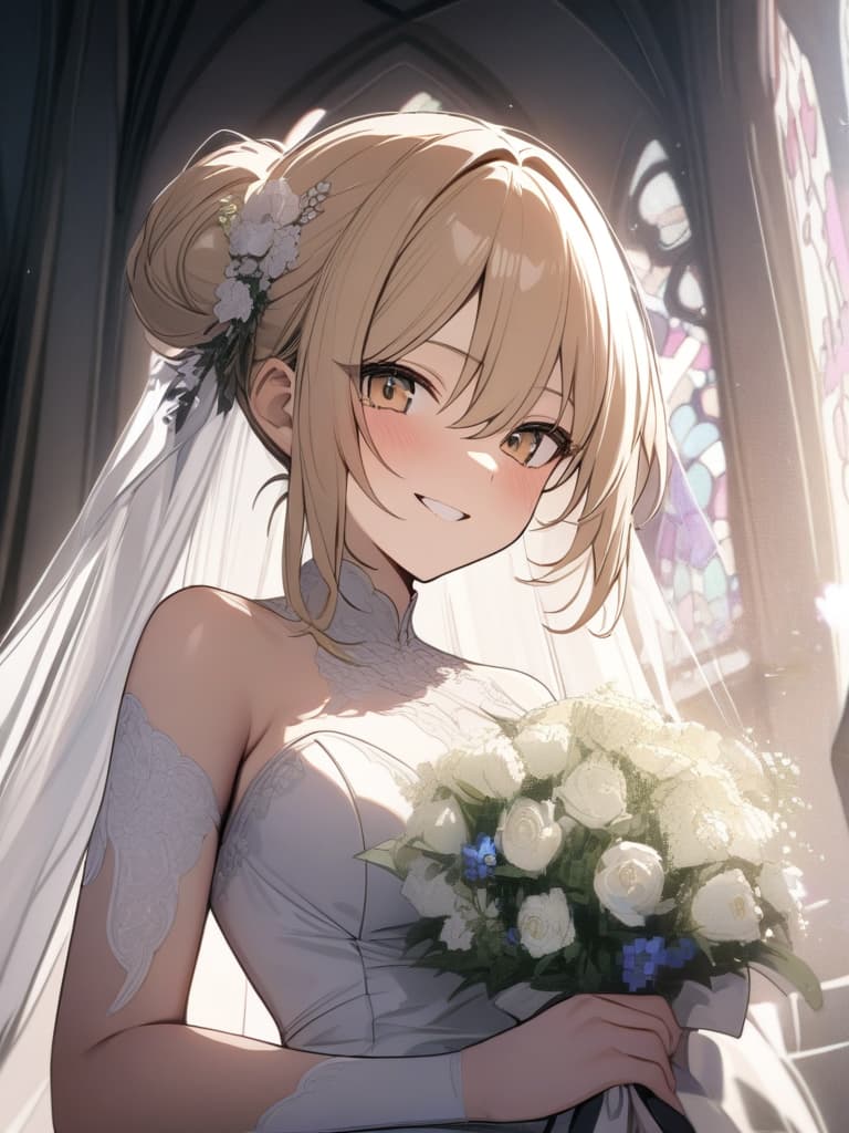  ultra detailed:1.2masterpiece:1.2,best quality,masterpiece,bestquality,hdr:1.1,8k:1.1,very cute girl:1.3,blonde hair:1.3,seductive smile:1.3,grin:1.0,embarred:1.3,hair bun:1.3,race wedding dress:1.3,bridal veil:1.3,dark skin:1.3,upper body:1.3,face focus:1.3,Dutch angle:1.3,bouquet:1.3,reaching hand at viewer:1.5,church:1.3, masterpiece, best quality,8k,ultra detailed,high resolution,an extremely delicate and beautiful,hyper detail