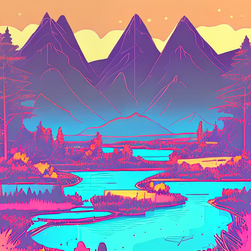 nvinkpunk Whimsical mountains with pond and trees in valley