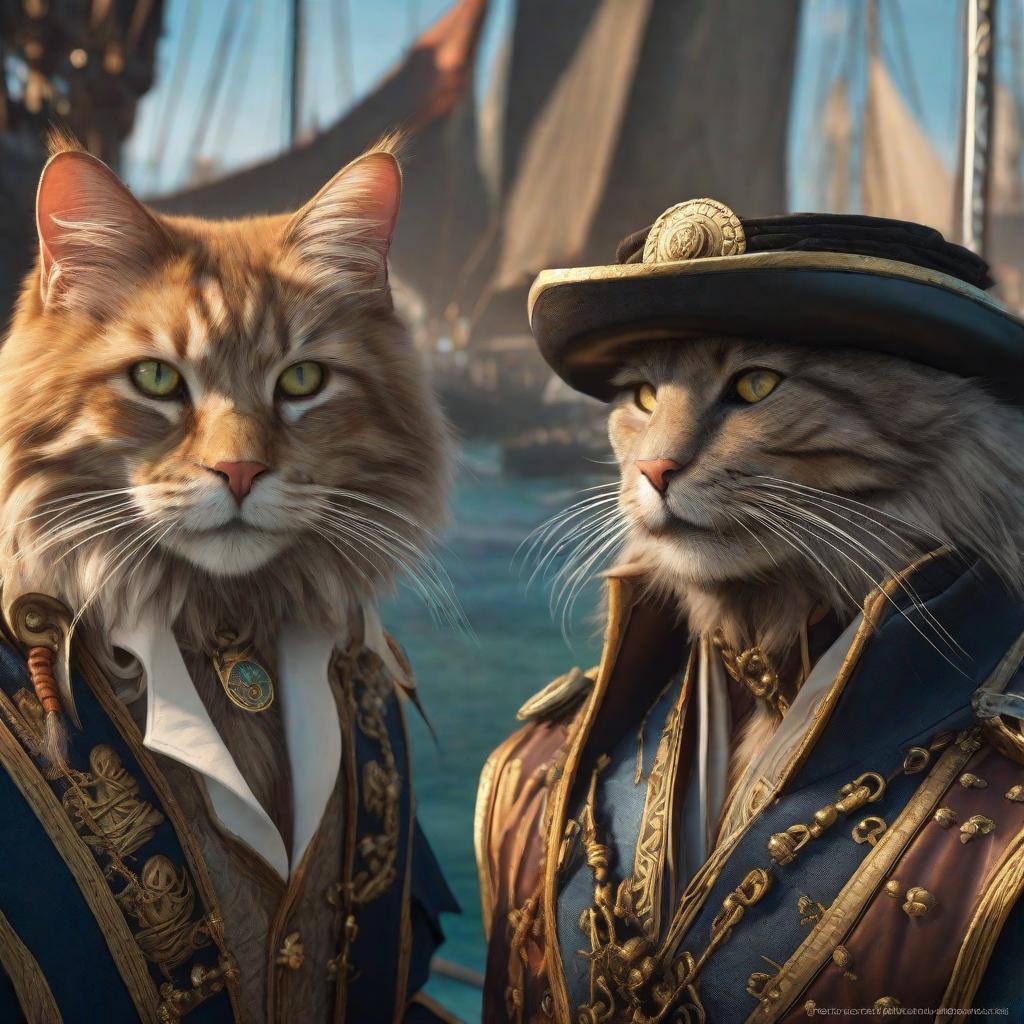  GATITOS HUMANOIDES ESTILO PIRATAS DEL CARIBE, realistic, portrait, art by donato giancola and greg rutkowski, realistic face, digital art, trending on artstation hyperrealistic, full body, detailed clothing, highly detailed, cinematic lighting, stunningly beautiful, intricate, sharp focus, f/1. 8, 85mm, (centered image composition), (professionally color graded), ((bright soft diffused light)), volumetric fog, trending on instagram, trending on tumblr, HDR 4K, 8K