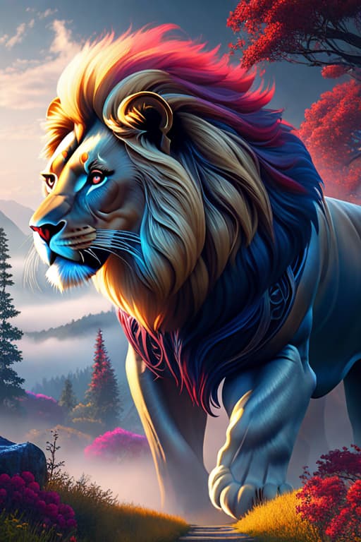  (masterpiece, top quality, best quality, official art, beautiful and aesthetic:1.2), lion face details extreme detailed,(fractal art:1.3),colorful,highest detailed hyperrealistic, full body, detailed clothing, highly detailed, cinematic lighting, stunningly beautiful, intricate, sharp focus, f/1. 8, 85mm, (centered image composition), (professionally color graded), ((bright soft diffused light)), volumetric fog, trending on instagram, trending on tumblr, HDR 4K, 8K