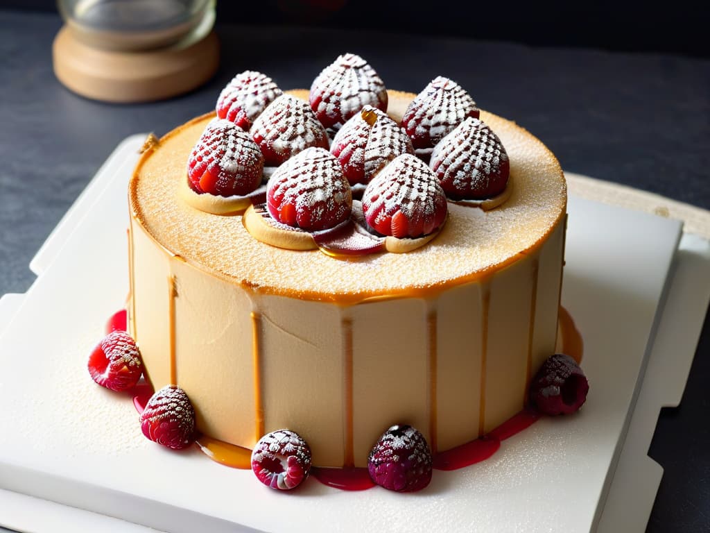  A closeup, ultrahighresolution image of a decadent maple syrupinfused dessert, featuring layers of delicate mapleflavored sponge cake, drizzled with rich maple glaze, and garnished with fresh, plump raspberries and a dusting of powdered sugar. The dessert is elegantly presented on a modern, minimalistic white plate, set against a dark, sleek background to enhance the vibrant colors and intricate details of the dessert. hyperrealistic, full body, detailed clothing, highly detailed, cinematic lighting, stunningly beautiful, intricate, sharp focus, f/1. 8, 85mm, (centered image composition), (professionally color graded), ((bright soft diffused light)), volumetric fog, trending on instagram, trending on tumblr, HDR 4K, 8K