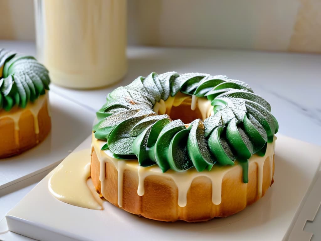  A closeup, ultradetailed image of a freshly baked cronut topped with a glossy glaze, sitting on a marble countertop with a subtle sheen. The pastry is perfectly flaky, showcasing layers of buttery dough, and the glaze is delicately drizzled over the top, reflecting the light in a way that highlights its sweetness. The background is softly blurred, emphasizing the exquisite simplicity and elegance of this iconic New York dessert. hyperrealistic, full body, detailed clothing, highly detailed, cinematic lighting, stunningly beautiful, intricate, sharp focus, f/1. 8, 85mm, (centered image composition), (professionally color graded), ((bright soft diffused light)), volumetric fog, trending on instagram, trending on tumblr, HDR 4K, 8K