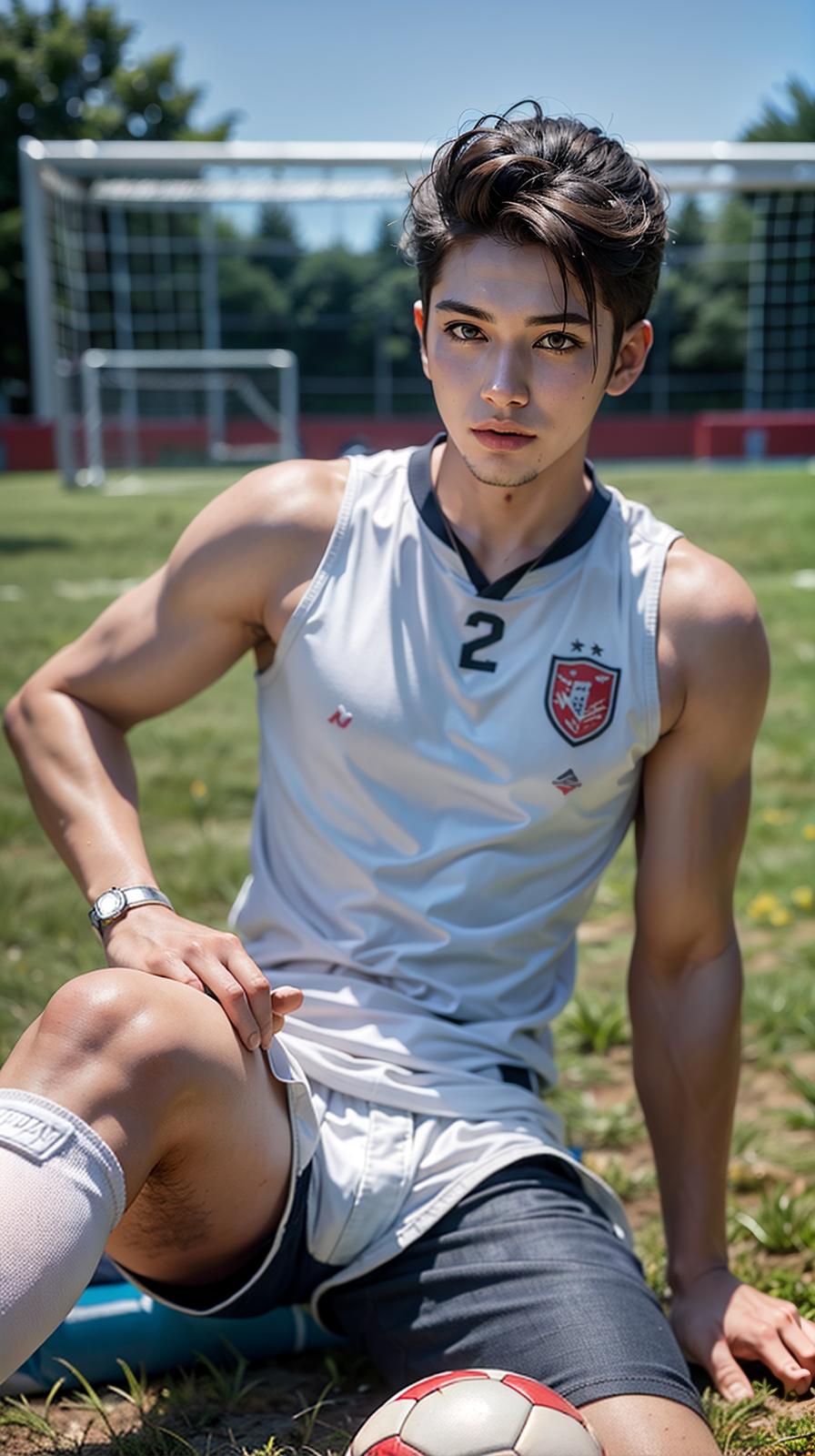  ultra high res, (photorealistic:1.4), raw photo, (realistic face), realistic eyes, (realistic skin), <lora:XXMix9_v20LoRa:0.8>, handsome, (male:2), (asian:1.6), (soccer players:1.2), (short hair:1.2), (pompadour:1.4), (white briefs:1.3), (sleeveless:1.2), spike shoes, (soccer shin guards:1.3), young, sitting posture, (spread legs:1.1), real skin, (sexy posing:1.3), hot guy, (muscular:1.3), (naked:1.1), (bulge:1.1), trained calves, thigh, realistic, lifelike, high quality, photos taken with a single-lens reflex camera, (looking at the camera:1.2)