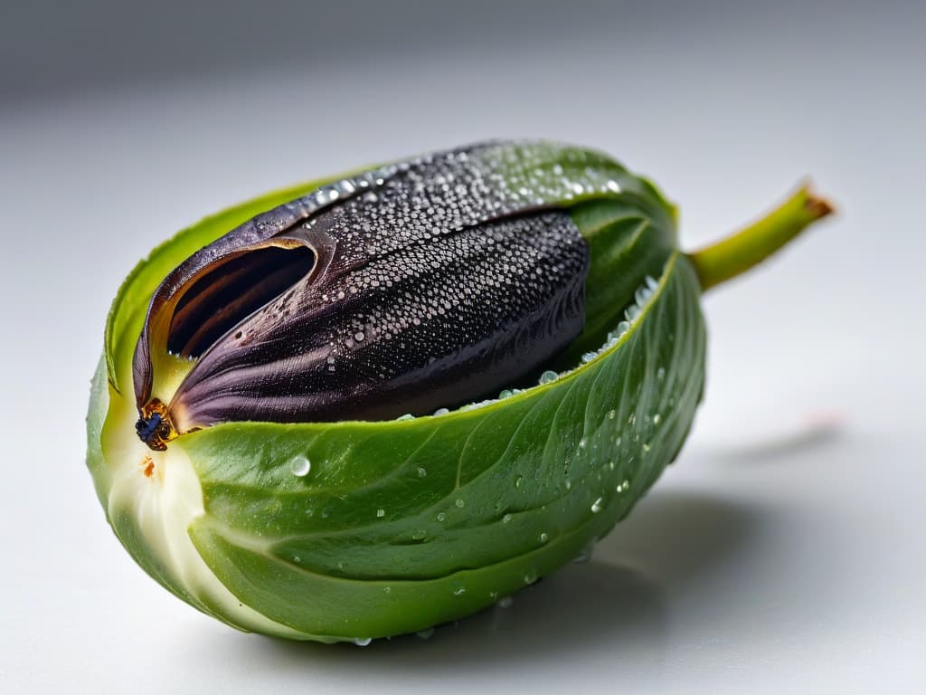  A closeup, ultradetailed image of a split vanilla bean pod against a stark white background. The focus is on the intricate black vanilla seeds inside, with tiny droplets of aromatic vanilla extract glistening in the light. The texture of the pod is so detailed that every tiny fiber and bump is visible, creating a visually captivating and minimalist composition that conveys the essence of pure vanilla in a visually striking way. hyperrealistic, full body, detailed clothing, highly detailed, cinematic lighting, stunningly beautiful, intricate, sharp focus, f/1. 8, 85mm, (centered image composition), (professionally color graded), ((bright soft diffused light)), volumetric fog, trending on instagram, trending on tumblr, HDR 4K, 8K