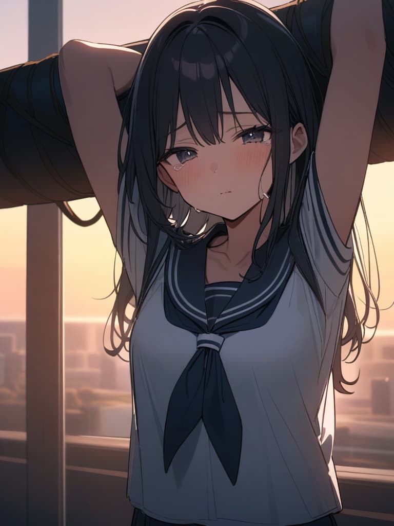  Gles, black hair, id, sober wearing gles in a sailor suit, , inserted into , , big s, crying, sunset, clroom, , , both hands are restrained in . It is hung and hung, masterpiece, best quality,8k,ultra detailed,high resolution,an extremely delicate and beautiful,hyper detail