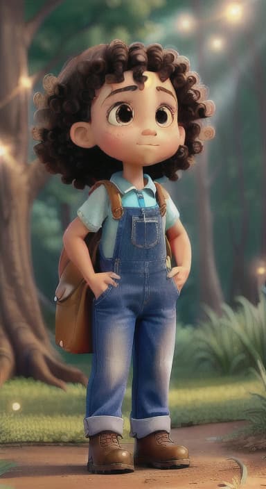  {The tree shining brightly and releasing a gentle, magical light., Riley, a curious with big brown eyes and curly hair, wearing overalls and carrying a small backpack. Their friend, Skye, a bluebird with shiny feathers.