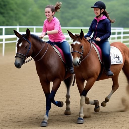  A girl riding a horse having a race with a donkey