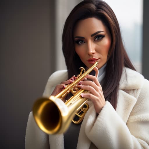  (brunette woman playing trumpet), photorealistic, highly detailed, 4k, high quality hyperrealistic, full body, detailed clothing, highly detailed, cinematic lighting, stunningly beautiful, intricate, sharp focus, f/1. 8, 85mm, (centered image composition), (professionally color graded), ((bright soft diffused light)), volumetric fog, trending on instagram, trending on tumblr, HDR 4K, 8K