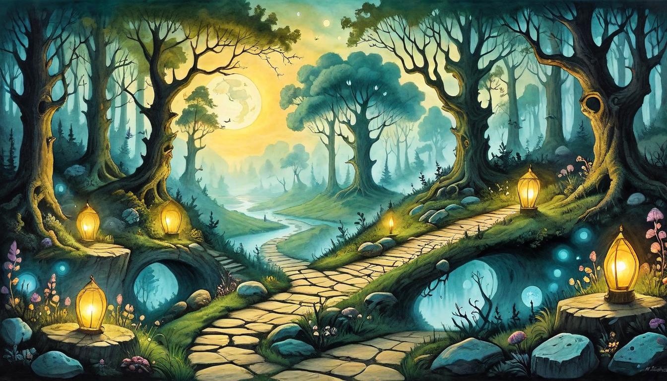  on parchment, surrealism+++, A path winding through an enchanted forest at twilight, its boundaries marked by ancient, glowing stones, leading to a radiant horizon where the soul's journey is infinite, profound connection, spiritually rooted(mysterious, provocative, symbolic,muted color)+++