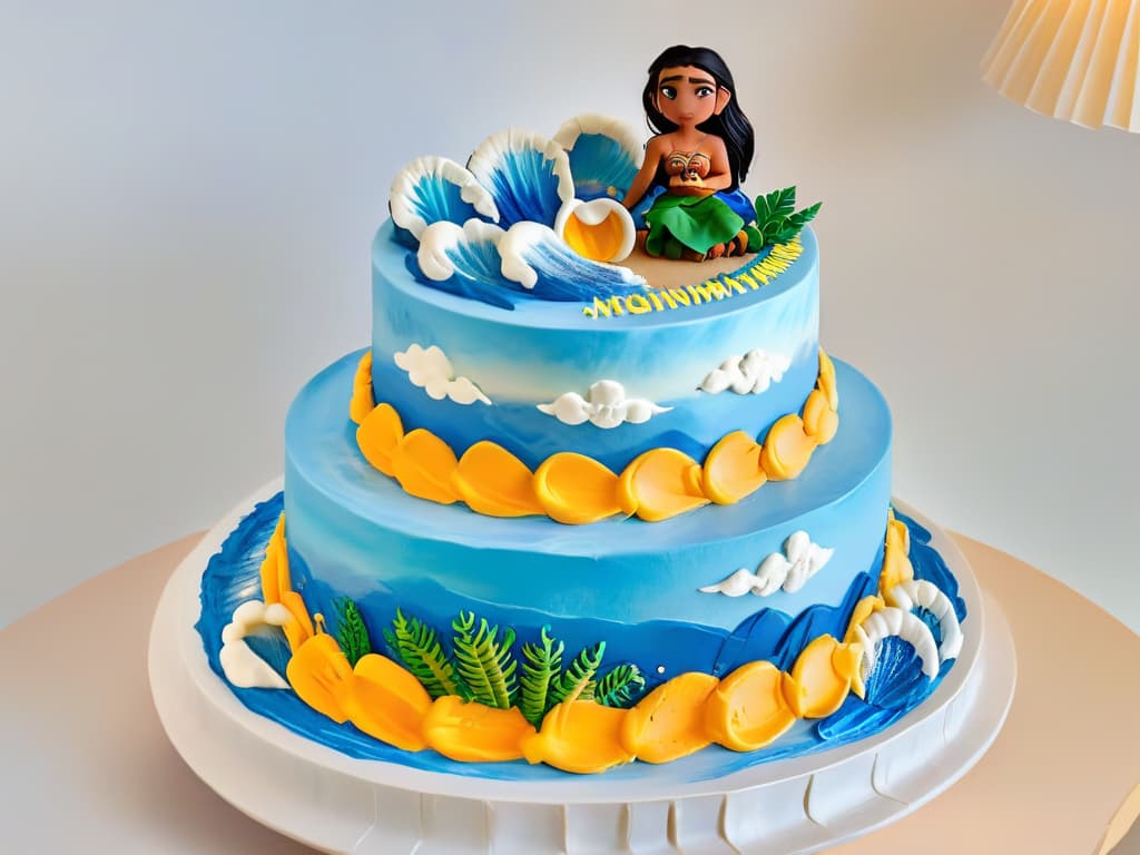  An ultradetailed closeup image of a beautifully decorated Moanathemed cake, showcasing intricate fondant details of Moana, Maui, and the ocean waves, all set against a backdrop of a tropical island sunset with vibrant colors and edible gold accents. hyperrealistic, full body, detailed clothing, highly detailed, cinematic lighting, stunningly beautiful, intricate, sharp focus, f/1. 8, 85mm, (centered image composition), (professionally color graded), ((bright soft diffused light)), volumetric fog, trending on instagram, trending on tumblr, HDR 4K, 8K