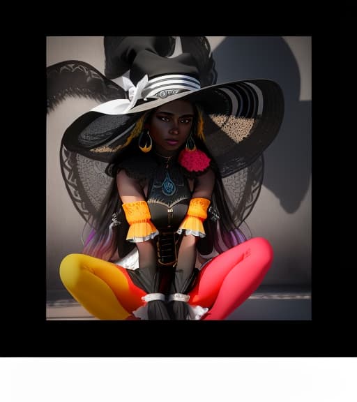  a colorfully presented, 3d picture of A woman in a hat with features who is sitting on the ground, with a black body, and a white face, shadow reflecting, , hyperrealistic, high quality, highly detailed, perfect lighting, intricate, sharp focus, f/1. 8, 85mm, (centered image composition), (professionally color graded), ((bright soft diffused light)), trending on instagram, HDR 4K, 8K