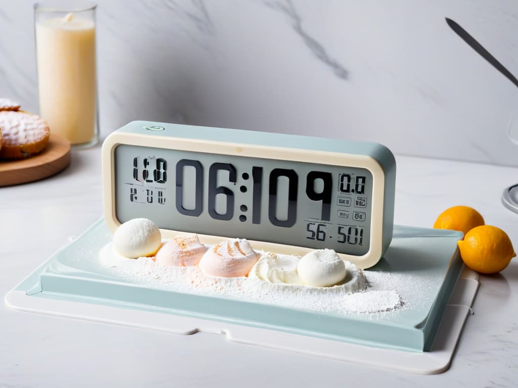  A beautifully designed minimalist digital clock with sleek, elegant lines and a calming color palette of soft pastel tones, sitting on a pristine marble countertop with a scattering of flour and sugar. The clock's hands are frozen at 7:00, symbolizing the importance of time management in pastry making, while a delicate whisk and a rolling pin rest beside it, adding a touch of culinary charm to the scene. hyperrealistic, full body, detailed clothing, highly detailed, cinematic lighting, stunningly beautiful, intricate, sharp focus, f/1. 8, 85mm, (centered image composition), (professionally color graded), ((bright soft diffused light)), volumetric fog, trending on instagram, trending on tumblr, HDR 4K, 8K