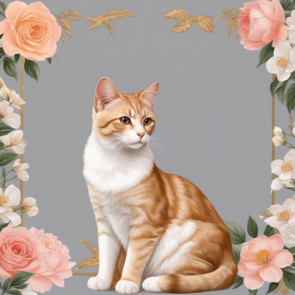  Please, now the same cat in full height on a gray gold background, in the clothes of the goddess Cleopatra in gold jewelry around white pink flowers of peach wood in art style