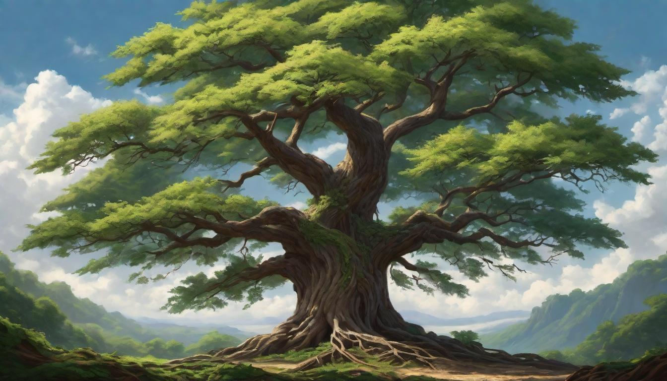  digital painting of A tree with deep roots and sprawling branches, leaves carry names of generations, heritage and growth, legacy embodied, enduring, strengthening bonds, natural resilience, flourishing under skies of hope looking at viewer, dynamic pose, (intricate details, masterpiece, best quality)