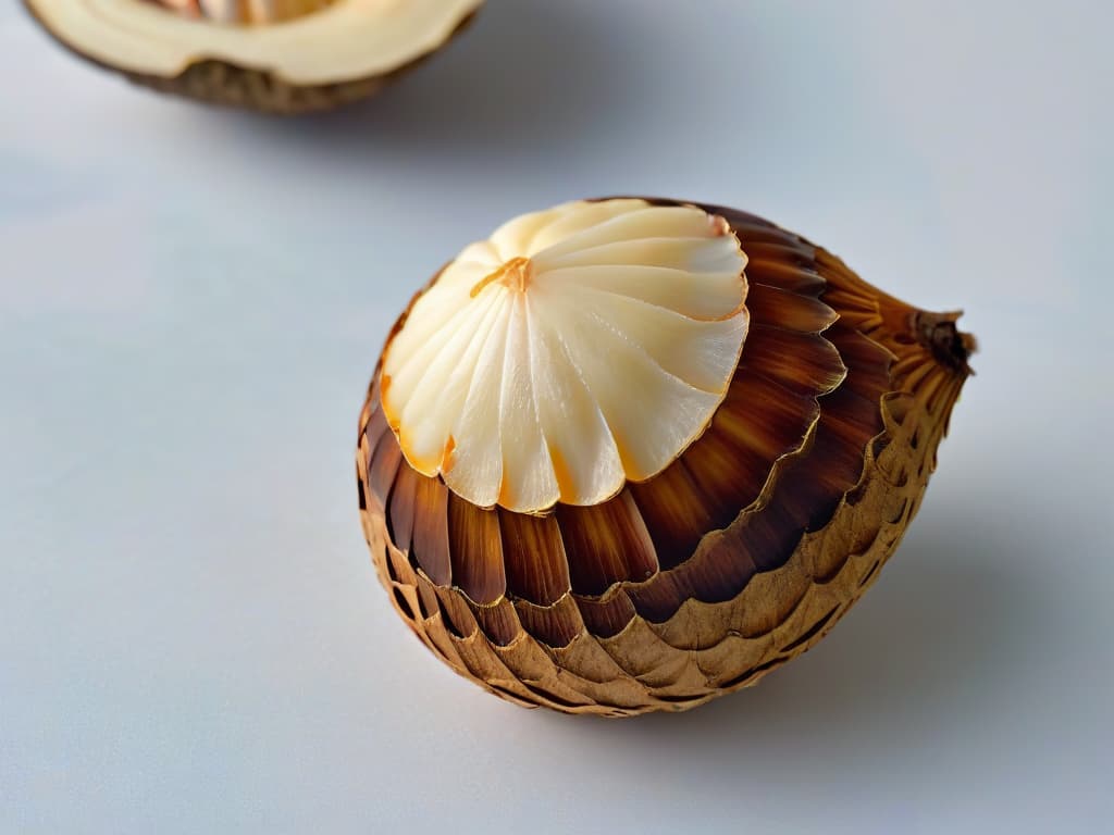  An ultradetailed closeup image of a perfectly cracked macadamia nut, showcasing the intricate patterns and textures of the shell, with soft natural lighting illuminating the rich, creamy nut inside. The focus is on the small details, highlighting the luxurious and indulgent nature of the macadamia nut as a key ingredient in gourmet desserts. hyperrealistic, full body, detailed clothing, highly detailed, cinematic lighting, stunningly beautiful, intricate, sharp focus, f/1. 8, 85mm, (centered image composition), (professionally color graded), ((bright soft diffused light)), volumetric fog, trending on instagram, trending on tumblr, HDR 4K, 8K