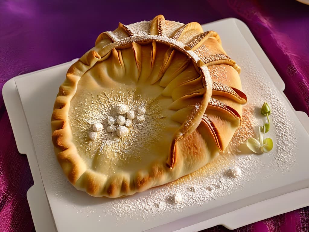  A closeup, ultradetailed image of a perfectly crimped empanada with a sweet filling oozing out, showcasing intricate pastry patterns on top, adorned with delicate edible flowers and powdered sugar. hyperrealistic, full body, detailed clothing, highly detailed, cinematic lighting, stunningly beautiful, intricate, sharp focus, f/1. 8, 85mm, (centered image composition), (professionally color graded), ((bright soft diffused light)), volumetric fog, trending on instagram, trending on tumblr, HDR 4K, 8K