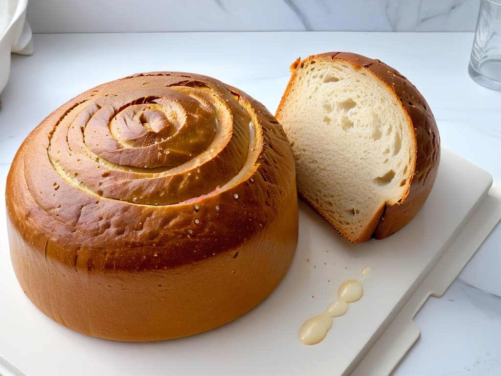  A closeup, highly detailed image of a perfectly goldenbrown glutenfree loaf of bread, freshly baked and sitting on a sleek, minimalist white marble countertop. The texture of the bread's crust is visible, showing a delicate pattern of cracks and air bubbles, while a few scattered crumbs are artfully placed around the loaf. The lighting is soft and natural, emphasizing the warm hues of the bread and creating a sense of comfort and homeliness. This image conveys the beauty and simplicity of glutenfree baking done right, inspiring confidence and success in the reader. hyperrealistic, full body, detailed clothing, highly detailed, cinematic lighting, stunningly beautiful, intricate, sharp focus, f/1. 8, 85mm, (centered image composition), (professionally color graded), ((bright soft diffused light)), volumetric fog, trending on instagram, trending on tumblr, HDR 4K, 8K