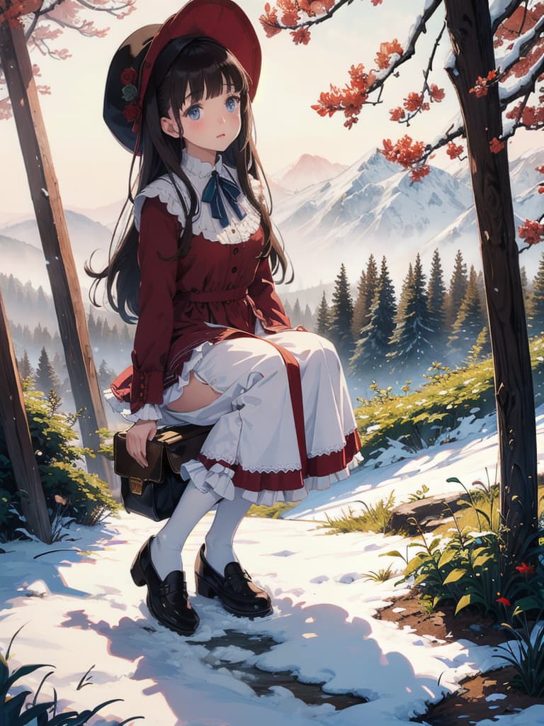  masterpiece, best quality, winter, snow field, 1girl, bangs, blue eyes, blunt bangs, bonnet, brown footwear, brown hair, dress, frills, fruit, full body, hat, long hair, long sleeves, looking at viewer, pantyhose, purple dress, red flower, red rose, rose, shoes, sitting, solo, sky, sun, mountain, forest, lake, hyperrealistic, full body, detailed clothing, highly detailed, cinematic lighting, stunningly beautiful, intricate, sharp focus, f/1. 8, 85mm, (centered image composition), (professionally color graded), ((bright soft diffused light)), volumetric fog, trending on instagram, trending on tumblr, HDR 4K, 8K