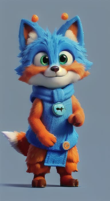  {Error the fox pressing the blue button with his paw, looking puzzled as nothing occurs., Error is a small, bright orange fox with a fluffy tail and big, inquisitive eyes. He has a mischievous yet kind expression and wears a tiny green scarf.