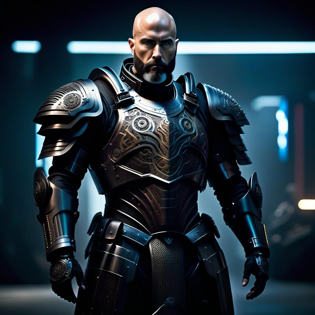  biomechanical cyberpunk A bald, bearded soldier in knight armor, without a helmet. . cybernetics, human machine fusion, dystopian, organic meets artificial, dark, intricate, highly detailed hyperrealistic, full body, detailed clothing, highly detailed, cinematic lighting, stunningly beautiful, intricate, sharp focus, f/1. 8, 85mm, (centered image composition), (professionally color graded), ((bright soft diffused light)), volumetric fog, trending on instagram, trending on tumblr, HDR 4K, 8K