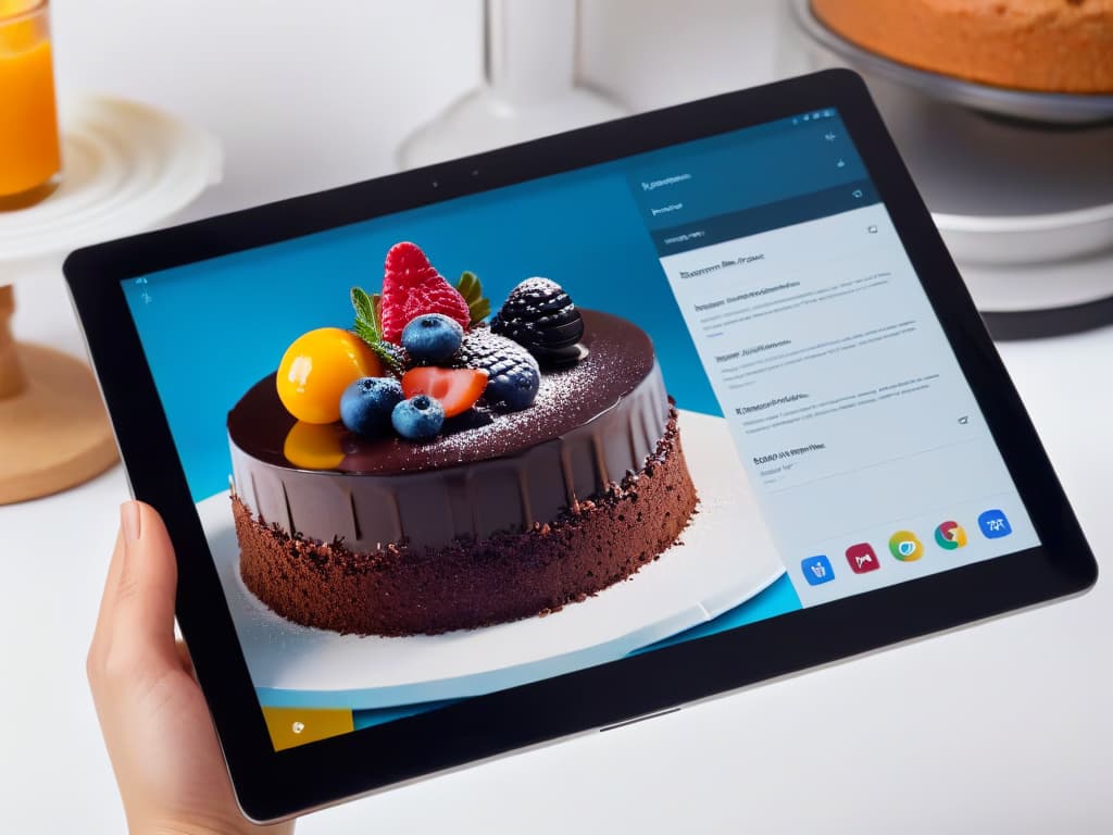  A closeup, ultradetailed image of a hand holding a sleek, modern tablet or smartphone with a beautifully designed digital recipe for a decadent cake displayed on the screen. The background is blurred to keep the focus on the device and the vibrant colors of the dessert. The image conveys the seamless transition from traditional paper recipes to a digital format, capturing the essence of modernizing and streamlining the process of storing and accessing baking recipes. hyperrealistic, full body, detailed clothing, highly detailed, cinematic lighting, stunningly beautiful, intricate, sharp focus, f/1. 8, 85mm, (centered image composition), (professionally color graded), ((bright soft diffused light)), volumetric fog, trending on instagram, trending on tumblr, HDR 4K, 8K