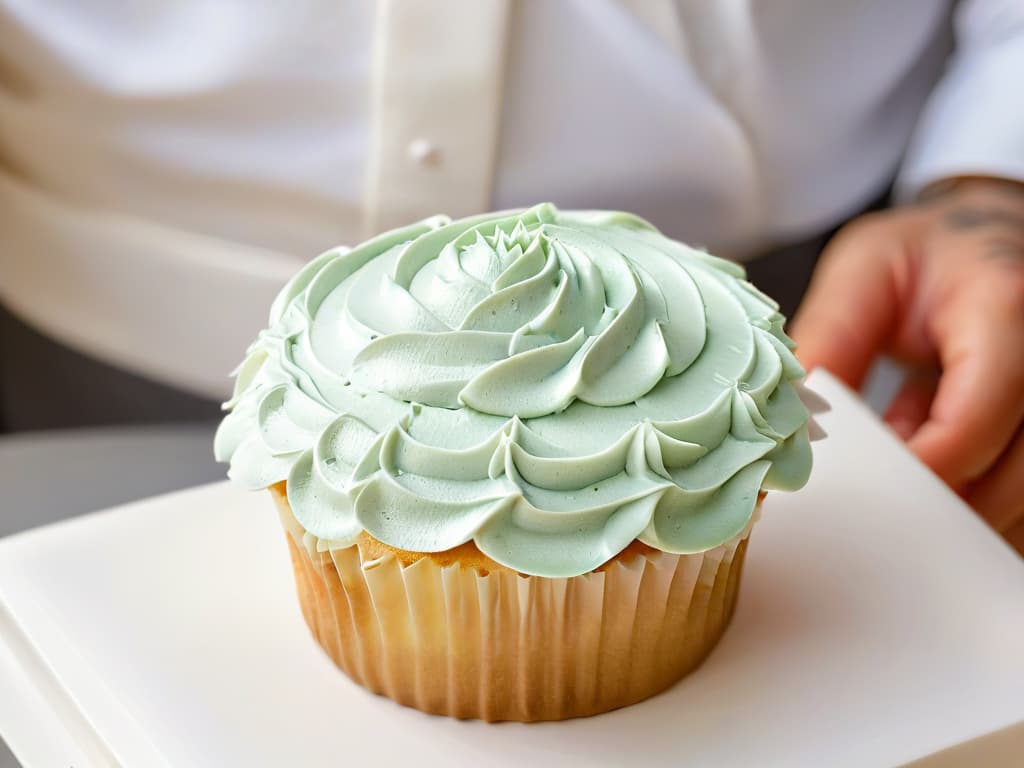  A closeup, ultradetailed image of a chef's hand expertly piping delicate swirls of frosting onto a perfectly frosted cupcake. The focus is on the intricate details of the piping technique, showcasing the precision and skill involved in pastry decoration. The background is a soft, neutral color to emphasize the elegant simplicity of the image. hyperrealistic, full body, detailed clothing, highly detailed, cinematic lighting, stunningly beautiful, intricate, sharp focus, f/1. 8, 85mm, (centered image composition), (professionally color graded), ((bright soft diffused light)), volumetric fog, trending on instagram, trending on tumblr, HDR 4K, 8K