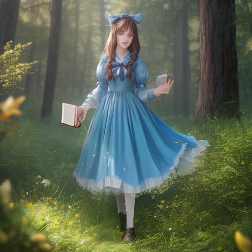  A fairy tale young Alice in a blue dress with hair and a bow on her head reads a book on a meadow around a beautiful forest. hyperrealistic, full body, detailed clothing, highly detailed, cinematic lighting, stunningly beautiful, intricate, sharp focus, f/1. 8, 85mm, (centered image composition), (professionally color graded), ((bright soft diffused light)), volumetric fog, trending on instagram, trending on tumblr, HDR 4K, 8K