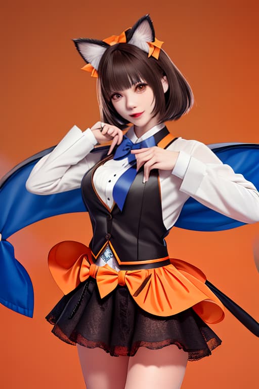  masterpiece, best quality, 1, solo, animal ears, bow, teeth, jacket, tail, open mouth, brown hair, orange background, bowtie, orange nails, simple background, cat ears, orange eyes, blue bow, animal ear fluff, cat tail, looking at viewer, upper body, shirt, uniform, hood, striped bow, striped, white shirt, black jacket, blue bowtie, fingernails, long sleeves, cat , bangs, fangs, collared shirt, striped bowtie, short hair, tongue, hoodie, sharp teeth, facial mark, claw pose hyperrealistic, full body, detailed clothing, highly detailed, cinematic lighting, stunningly beautiful, intricate, sharp focus, f/1. 8, 85mm, (centered image composition), (professionally color graded), ((bright soft diffused light)), volumetric fog, trending on instagram, trending on tumblr, HDR 4K, 8K