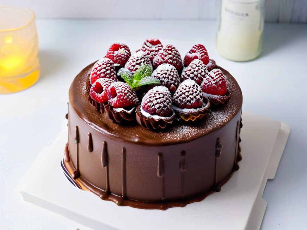  A closeup, ultradetailed image of a perfectly frosted vegan and glutenfree chocolate cake adorned with fresh raspberries and mint leaves, set on a sleek, marble cake stand. The frosting is smooth and glossy, reflecting the soft ambient lighting in the room, highlighting the intricate swirls and texture on the cake's surface. The raspberries glisten with freshness, and the vibrant green mint leaves provide a pop of color against the rich chocolate cake, creating a visually stunning and mouthwatering centerpiece. hyperrealistic, full body, detailed clothing, highly detailed, cinematic lighting, stunningly beautiful, intricate, sharp focus, f/1. 8, 85mm, (centered image composition), (professionally color graded), ((bright soft diffused light)), volumetric fog, trending on instagram, trending on tumblr, HDR 4K, 8K