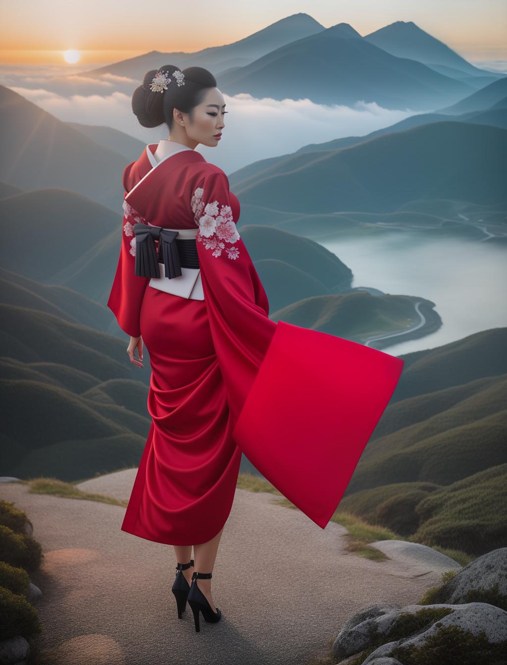  Geisha in red dragon Kimono, red eyes, walk along huge coastline, sunset behind mountains, sunrays in her face, ultra realistic hyperrealistic, full body, detailed clothing, highly detailed, cinematic lighting, stunningly beautiful, intricate, sharp focus, f/1. 8, 85mm, (centered image composition), (professionally color graded), ((bright soft diffused light)), volumetric fog, trending on instagram, trending on tumblr, HDR 4K, 8K