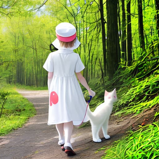  White kitten with colourful dress with cap walking to forest