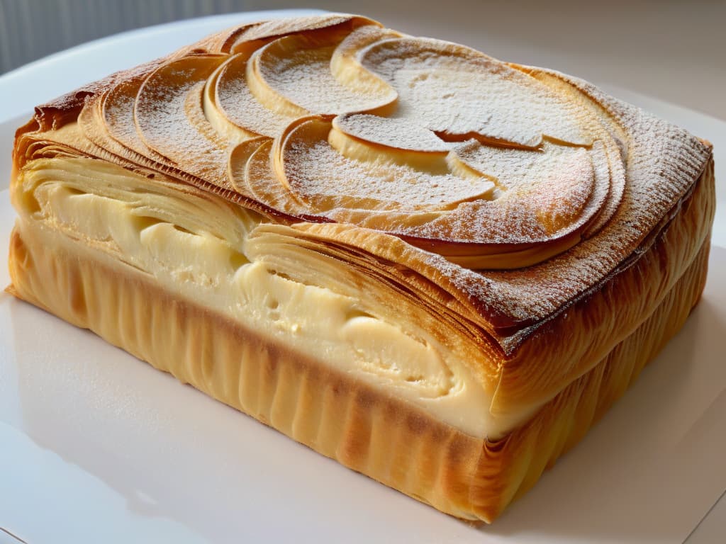  A closeup, minimalist image of perfectly flaky layers in a freshly baked pastry, showcasing the intricate and delicate lamination technique. The pastry is golden brown, with visible layers that glisten slightly, hinting at the perfect balance of buttery richness and airy lightness. The background is softly blurred to keep the focus solely on the artistry of the laminated pastry, evoking a sense of precision and skill required to achieve such a delectable result. hyperrealistic, full body, detailed clothing, highly detailed, cinematic lighting, stunningly beautiful, intricate, sharp focus, f/1. 8, 85mm, (centered image composition), (professionally color graded), ((bright soft diffused light)), volumetric fog, trending on instagram, trending on tumblr, HDR 4K, 8K