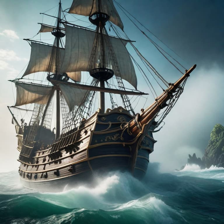  Pirate ship battling a giant sea monster hyperrealistic, full body, detailed clothing, highly detailed, cinematic lighting, stunningly beautiful, intricate, sharp focus, f/1. 8, 85mm, (centered image composition), (professionally color graded), ((bright soft diffused light)), volumetric fog, trending on instagram, trending on tumblr, HDR 4K, 8K