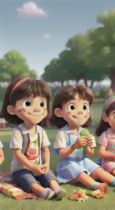  {Kids sitting around a picnic blanket, enjoying juice boxes and snacks., Children happily eating snacks, with crumbs on their faces and big smiles.