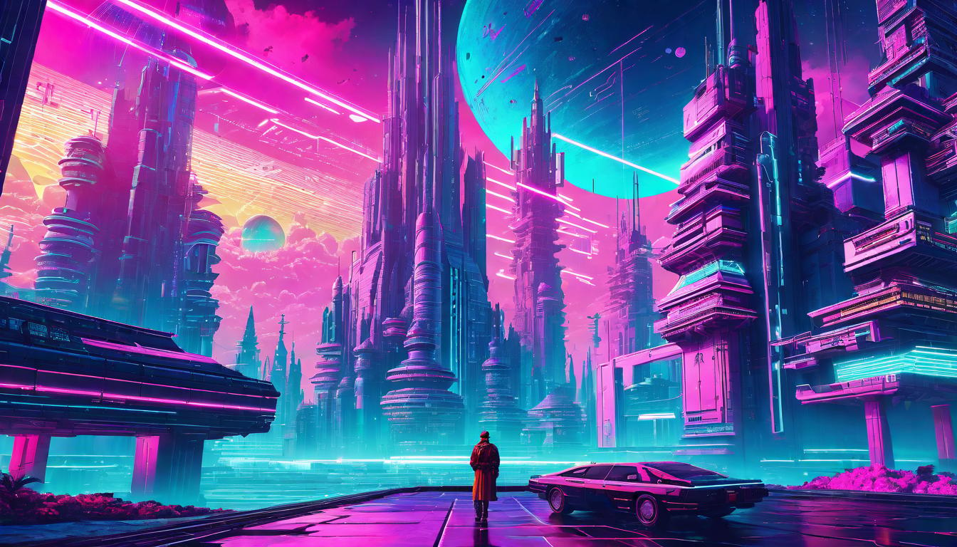  vaporwave,cyberpunk game style Cosmic architect, majestic environment, intense focus, ethereal elements, glowing mystical energyeon, dystopian, futuristic, digital, vibrant, detailed, high contrast, reminiscent of cyberpunk genre video games,retro aesthetic, cyberpunk, vibrant, neon colors, vintage 80s and 90s style, highly detailed