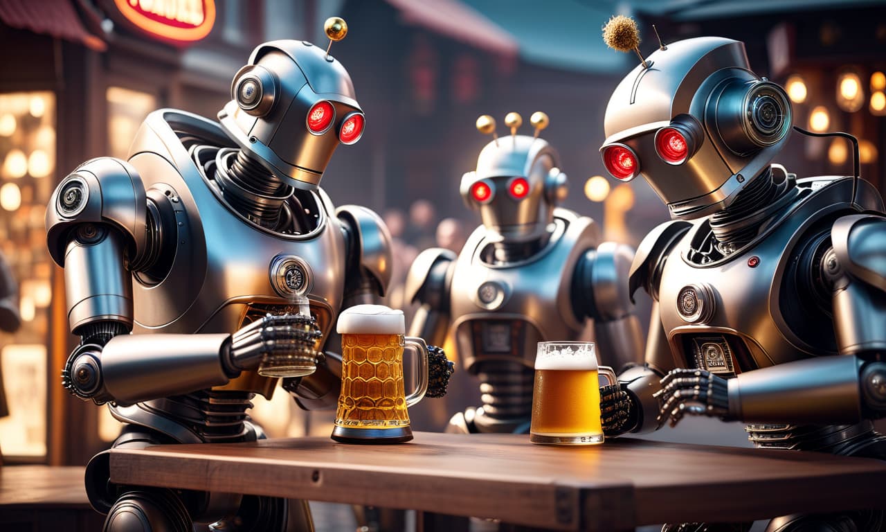  Happy robots with beer hyperrealistic, full body, detailed clothing, highly detailed, cinematic lighting, stunningly beautiful, intricate, sharp focus, f/1. 8, 85mm, (centered image composition), (professionally color graded), ((bright soft diffused light)), volumetric fog, trending on instagram, trending on tumblr, HDR 4K, 8K