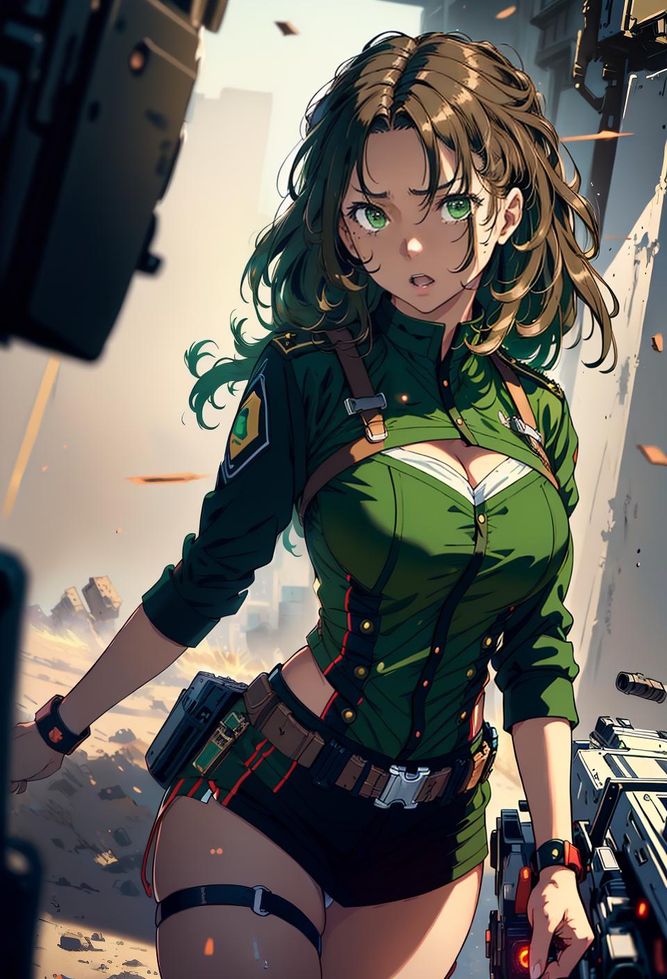  ((trending, highres, masterpiece, cinematic shot)), 1girl, mature, female, war scene, medium-length wavy brown hair, hair covering one eye, large green eyes, energetic personality, bored expression, dark skin, epic, lucky