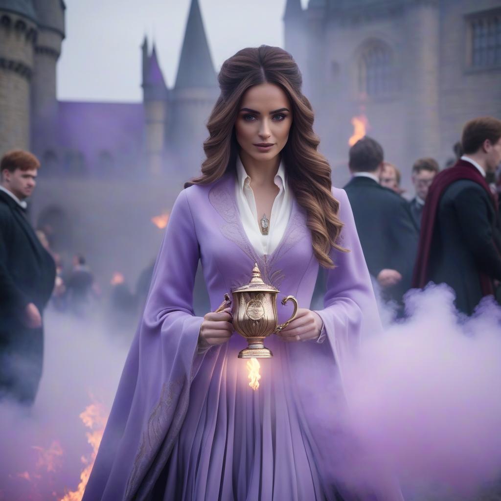  Hogwarts Cup of Fire Competition in light shade of lilac tones. hyperrealistic, full body, detailed clothing, highly detailed, cinematic lighting, stunningly beautiful, intricate, sharp focus, f/1. 8, 85mm, (centered image composition), (professionally color graded), ((bright soft diffused light)), volumetric fog, trending on instagram, trending on tumblr, HDR 4K, 8K