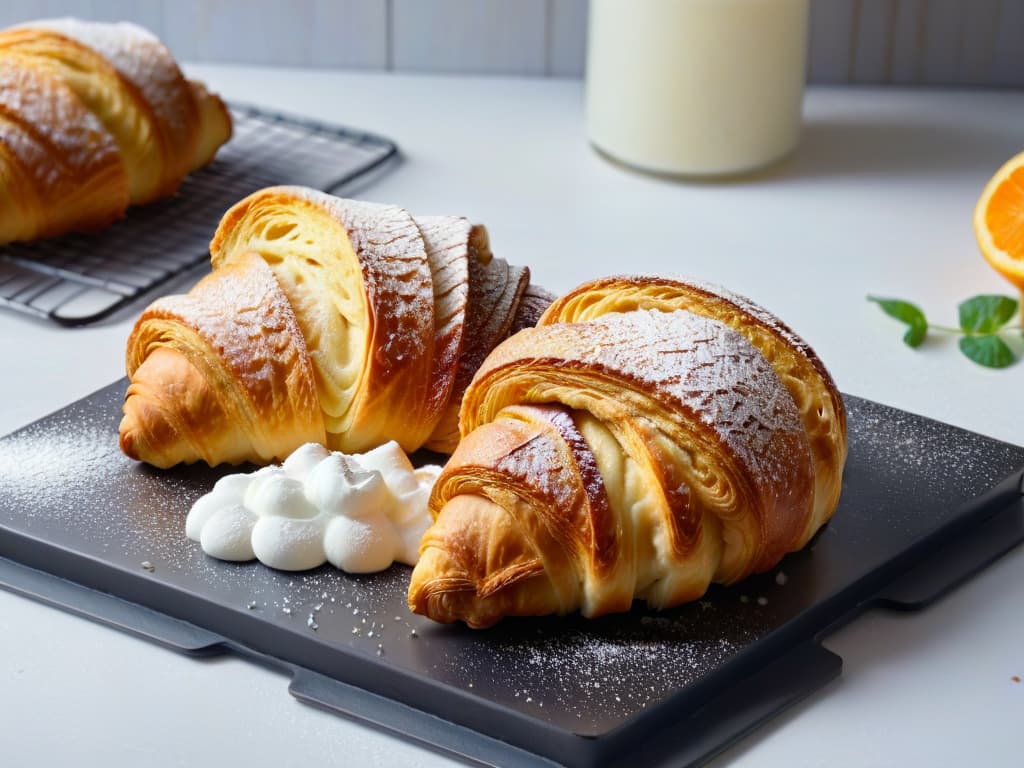  A closeup, ultradetailed image of a perfectly golden and flaky glutenfree croissant, freshly baked and cooling on a wire rack. The delicate layers of the pastry are visible, with a slight dusting of powdered sugar on top. The background is softly blurred, emphasizing the texture and craftsmanship of the croissant. hyperrealistic, full body, detailed clothing, highly detailed, cinematic lighting, stunningly beautiful, intricate, sharp focus, f/1. 8, 85mm, (centered image composition), (professionally color graded), ((bright soft diffused light)), volumetric fog, trending on instagram, trending on tumblr, HDR 4K, 8K