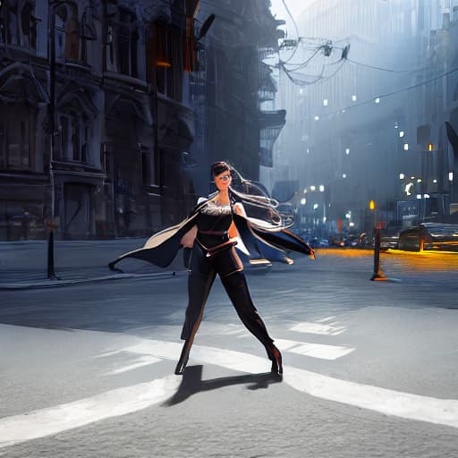  a beautiful girl dancing on a road hyperrealistic, full body, detailed clothing, highly detailed, cinematic lighting, stunningly beautiful, intricate, sharp focus, f/1. 8, 85mm, (centered image composition), (professionally color graded), ((bright soft diffused light)), volumetric fog, trending on instagram, trending on tumblr, HDR 4K, 8K