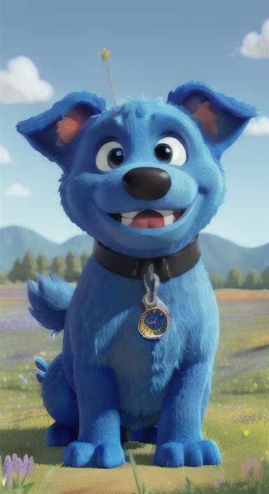  {A happy, big blue dog wagging its tail in a colorful meadow, The big blue dog is large with sky blue fur, big round eyes, a black nose, and floppy ears.