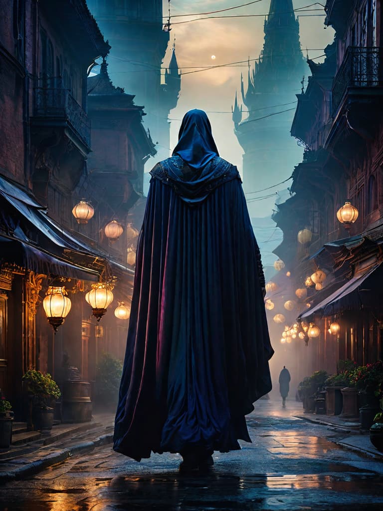  misty cityscape, the image portrays a mysterious figure cloaked in layers of flowing, iridescent fabric that shifts and shimmers in the flickering light of lanterns and streetlamps. the cityscape behind them is a blend of ancient architecture and industrial decay, with crumbling spires and twisted metal pipes tangled together in mid air. the overall mood of the image is one of enchantment and foreboding." . magnificent, celestial, ethereal, painterly, epic, majestic, magical, fantasy art, cover art, dreamy hyperrealistic, full body, detailed clothing, highly detailed, cinematic lighting, stunningly beautiful, intricate, sharp focus, f/1. 8, 85mm, (centered image composition), (professionally color graded), ((bright soft diffused light)), volumetric fog, trending on instagram, trending on tumblr, HDR 4K, 8K