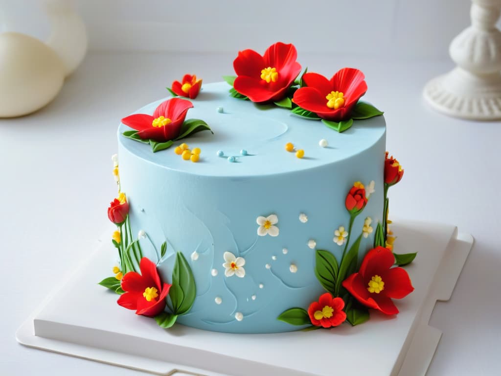  A photorealistic image of a beautifully decorated diabeticfriendly cake, adorned with intricate sugar flowers and delicate piping work, set on a pristine white cake stand. The cake features vibrant colors and exquisite details, showcasing the artistry and skill involved in creating delectable desserts suitable for individuals with diabetes. The image exudes elegance and sophistication, appealing to both the eyes and the taste buds, making it a perfect visual representation of expert tips for beginners in the art of diabeticfriendly baking. hyperrealistic, full body, detailed clothing, highly detailed, cinematic lighting, stunningly beautiful, intricate, sharp focus, f/1. 8, 85mm, (centered image composition), (professionally color graded), ((bright soft diffused light)), volumetric fog, trending on instagram, trending on tumblr, HDR 4K, 8K