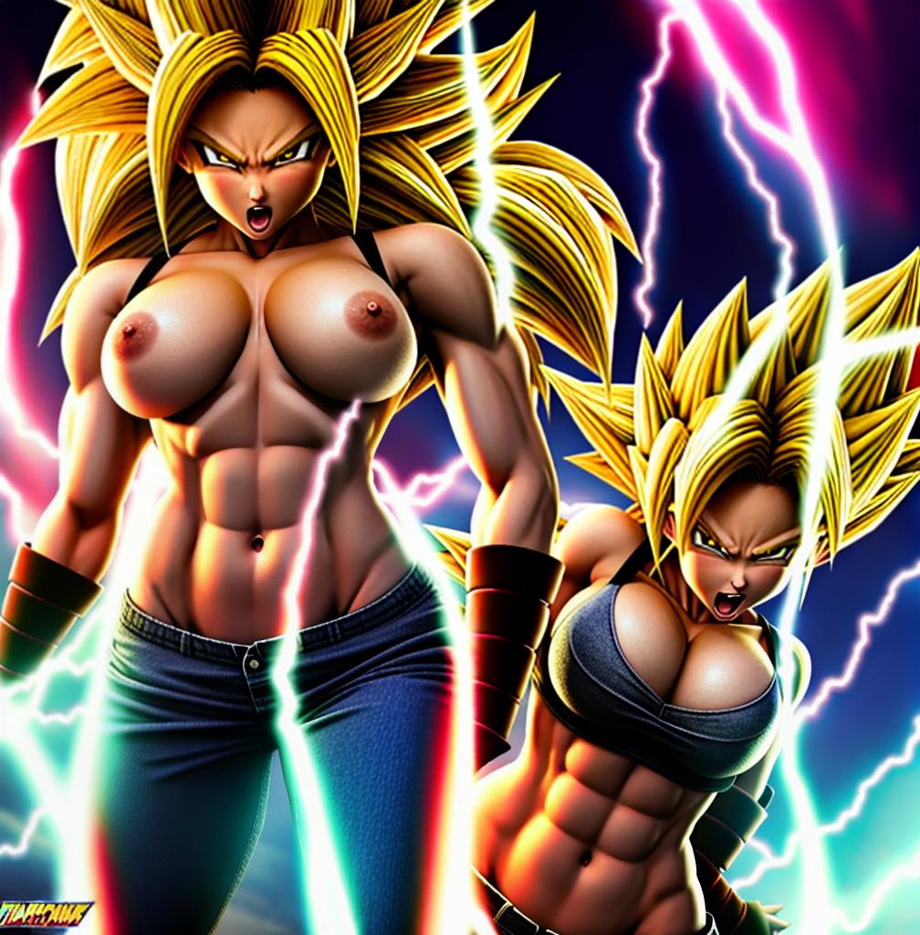  ((foto de cuerpo completo, pie plano, cuerpo recto)), ((laura {Super Super Saiyan mujer con grandes pechos})), ((lleva puesto son goku+Los disfraces de ella son extremadamente ajustados a su cuerpo.))