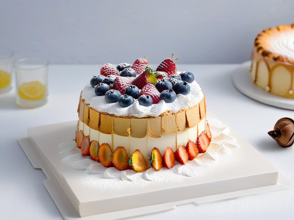  A beautifully styled minimalistic image of a freshly baked Angel Food Cake on a pristine white marble cake stand, adorned with a light dusting of powdered sugar and a scattering of fresh berries on top. The cake is perfectly golden brown, with a soft, fluffy texture visible through the delicate slices. The background is a soft focus to enhance the elegant presentation of the cake, highlighting its airy and spongelike texture that embodies the essence of a heavenly dessert. hyperrealistic, full body, detailed clothing, highly detailed, cinematic lighting, stunningly beautiful, intricate, sharp focus, f/1. 8, 85mm, (centered image composition), (professionally color graded), ((bright soft diffused light)), volumetric fog, trending on instagram, trending on tumblr, HDR 4K, 8K