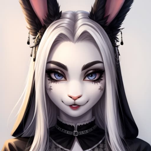  A rabbit goth, White hair, piercing, beautiful expression face, detailled eyes,, open eyes, digital art, masterpiece, 4k, fine details,