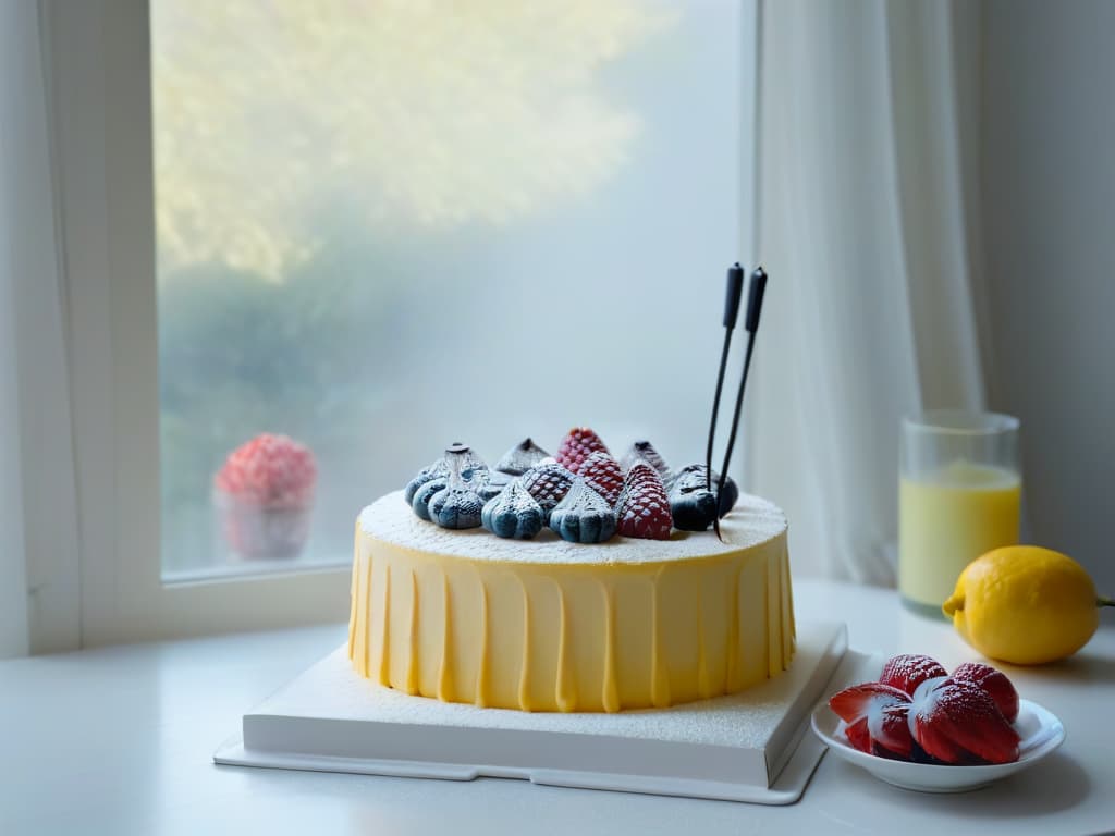  A minimalist image featuring a sleek, modern kitchen countertop with a stack of colorful, enticing dessert cookbooks neatly arranged next to a bowl of fresh fruits, a whisk, and a dusting of powdered sugar. The soft natural light filtering in through a nearby window casts a gentle glow on the scene, creating a serene and inviting atmosphere perfect for whipping up quick and delicious desserts. hyperrealistic, full body, detailed clothing, highly detailed, cinematic lighting, stunningly beautiful, intricate, sharp focus, f/1. 8, 85mm, (centered image composition), (professionally color graded), ((bright soft diffused light)), volumetric fog, trending on instagram, trending on tumblr, HDR 4K, 8K