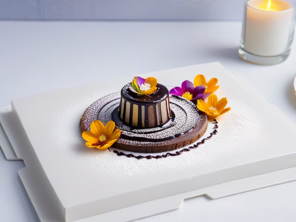  A minimalist and modern image of a beautifully plated sugarfree dessert, featuring intricate swirls of sugarfree chocolate sauce, delicate edible flowers, and a dusting of powdered sugar substitute. The dessert is set on a sleek white plate against a soft pastel background, exuding elegance and sophistication. The focus is on the exquisite details of the dessert, highlighting the artistry and creativity involved in modern techniques for diabeticfriendly sweets. hyperrealistic, full body, detailed clothing, highly detailed, cinematic lighting, stunningly beautiful, intricate, sharp focus, f/1. 8, 85mm, (centered image composition), (professionally color graded), ((bright soft diffused light)), volumetric fog, trending on instagram, trending on tumblr, HDR 4K, 8K