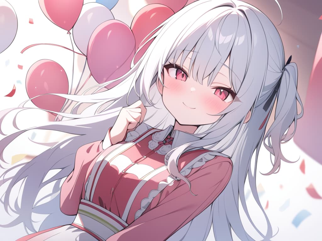  1 Girl, solo, white hair, dark pink, gradation, twosideup, long hair, smile, birthday, cute, pink, balloon, celebration, red eyes, sauce, masterpiece, best quality,8k,ultra detailed,high resolution,an extremely delicate and beautiful,hyper detail