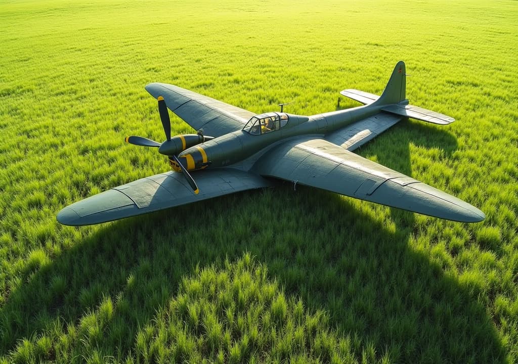  good quality, high quality, shadow of a wwii fighter prop plane on the ground, green field